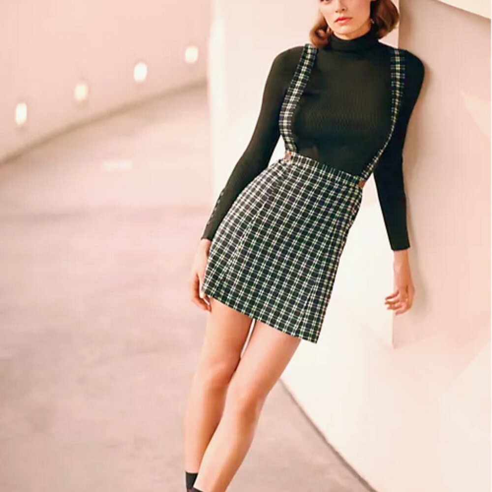 Anthropologie Maeve Green Plaid Pinafore Skirt Overalls Suspenders Size 4